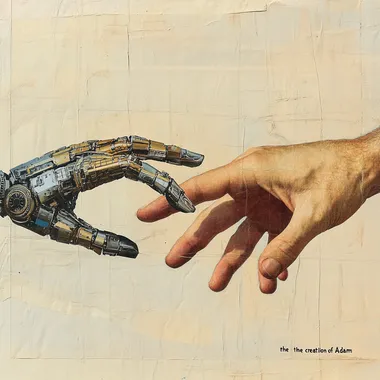 Collage of two hands about to touch, evoking hte imagery of "the creation of Adam", one of the hands is mechanical, the other is human. Minimalist style