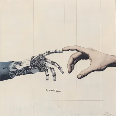 Collage of two hands about to touch, evoking hte imagery of "the creation of Adam", one of the hands is mechanical, the other is human. Minimalist style