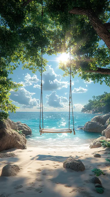 A swing hanging from the branches of an exotic palm tree on a white sand beach, overlooking crystal-clear turquoise water and an azure sky with fluffy clouds. The sun shines brightly in the background, casting long shadows over everything. This is an ultra-realistic photograph, a high-resolution 3D rendering created using C4D and Octane Render.   --s 750