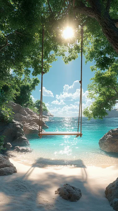 A swing hanging from the branches of an exotic palm tree on a white sand beach, overlooking crystal-clear turquoise water and an azure sky with fluffy clouds. The sun shines brightly in the background, casting long shadows over everything. This is an ultra-realistic photograph, a high-resolution 3D rendering created using C4D and Octane Render.   --s 750