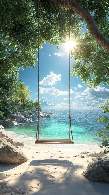 A swing hanging from the branches of an exotic palm tree on a white sand beach, overlooking crystal-clear turquoise water and an azure sky with fluffy clouds. The sun shines brightly in the background, casting long shadows over everything. This is an ultra-realistic photograph, a high-resolution 3D rendering created using C4D and Octane Render.   --s 750