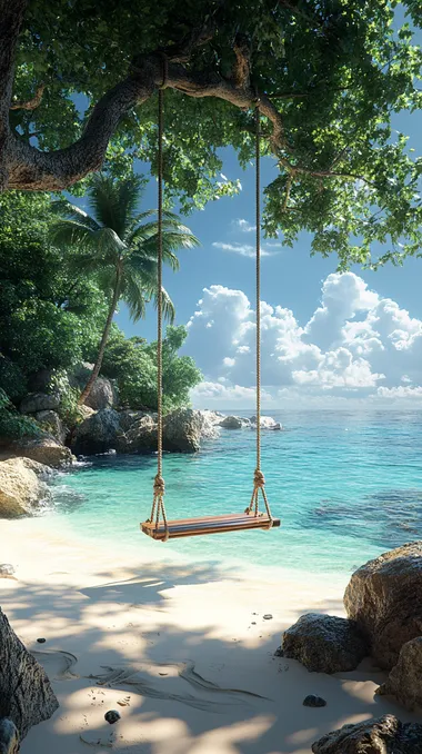 A swing hanging from the branches of an exotic palm tree on a white sand beach, overlooking crystal-clear turquoise water and an azure sky with fluffy clouds. The sun shines brightly in the background, casting long shadows over everything. This is an ultra-realistic photograph, a high-resolution 3D rendering created using C4D and Octane Render.   --s 750