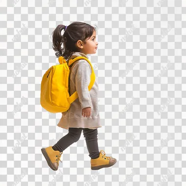 a indian little girl with yellow backpack walking on the floor side view with white background full image