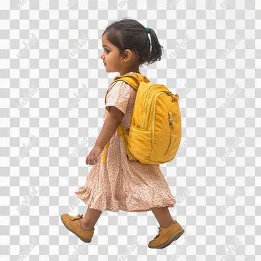a indian little girl with yellow backpack walking on the floor side view with white background full image