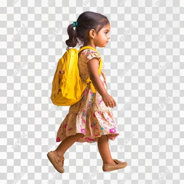 a indian little girl with yellow backpack walking on the floor side view with white background full image