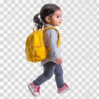 a indian little girl with yellow backpack walking on the floor side view with white background full image