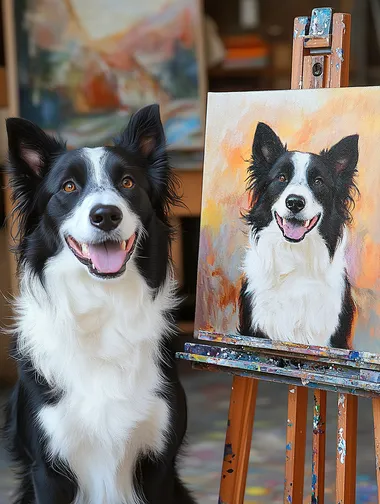 A realistic, happy, mostly black border collie dog sitting next to an oil painting of the same smiling dog on canvas, painted in warm colors, with an easel and art studio background.