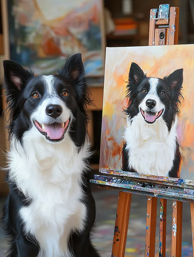 Happy black border collie sitting in art studio beside its painting