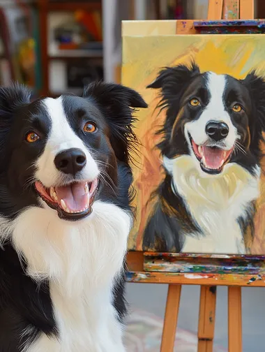 A realistic, happy, mostly black border collie dog sitting next to an oil painting of the same smiling dog on canvas, painted in warm colors, with an easel and art studio background.