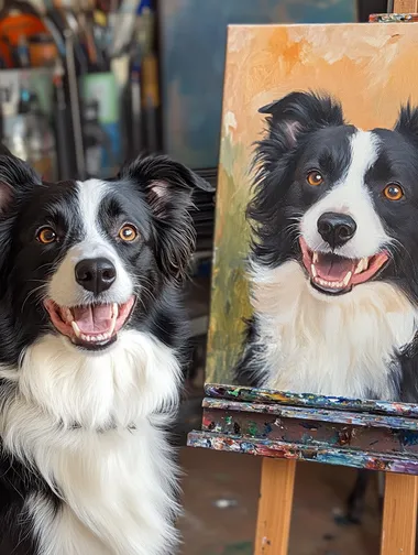 A realistic, happy, mostly black border collie dog sitting next to an oil painting of the same smiling dog on canvas, painted in warm colors, with an easel and art studio background.