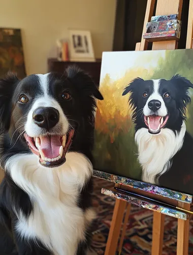A realistic, happy, mostly black border collie dog sitting next to an oil painting of the same smiling dog on canvas, painted in warm colors, with an easel and art studio background.