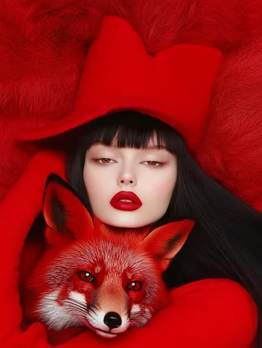 Photography, girl with black hair, red outfit, red foxes, high fashion, I is colors, big city   rofile mgrbc17 r63sibf