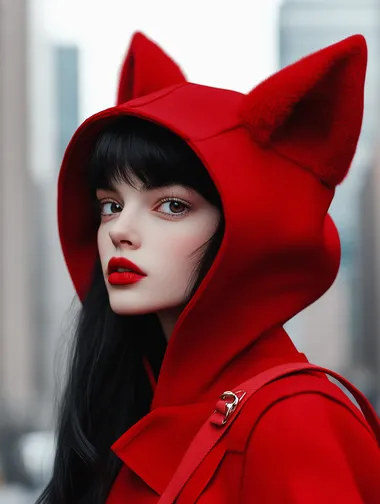 Photography, girl with black hair, red outfit, red foxes, high fashion, I is colors, big city   rofile mgrbc17 r63sibf