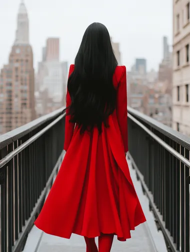 Photography, girl with black hair, red outfit, red foxes, high fashion, I is colors, big city   rofile mgrbc17 r63sibf