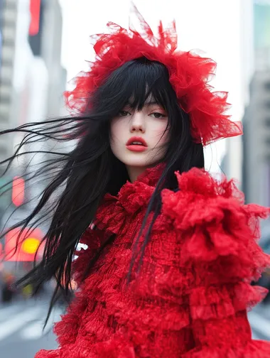 Photography, girl with black hair, red outfit, red foxes, high fashion, I is colors, big city   rofile mgrbc17 r63sibf