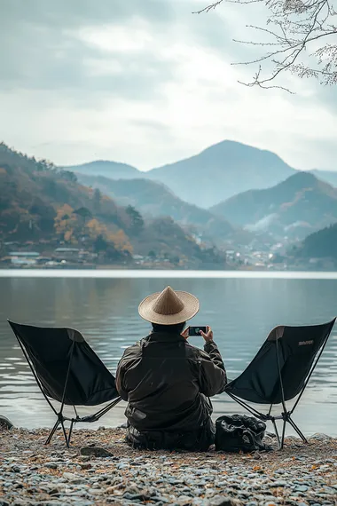 Product photography, three-dimensional design style. A man wearing a Chinese-style hat is sitting under it, holding his phone to take photos. He is dressed as an outdoor fisherman. Two black camping chairs are placed next to him. The background features clear lake water, distant mountains, and cloudy sky. It has a strong sense of space, high-definition images, and high-quality details.   --s 250