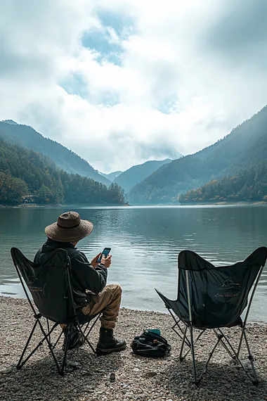 Product photography, three-dimensional design style. A man wearing a Chinese-style hat is sitting under it, holding his phone to take photos. He is dressed as an outdoor fisherman. Two black camping chairs are placed next to him. The background features clear lake water, distant mountains, and cloudy sky. It has a strong sense of space, high-definition images, and high-quality details.   --s 250