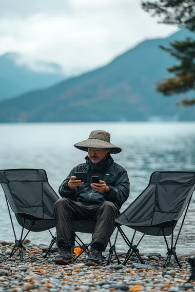 Product photography, three-dimensional design style. A man wearing a Chinese-style hat is sitting under it, holding his phone to take photos. He is dressed as an outdoor fisherman. Two black camping chairs are placed next to him. The background features clear lake water, distant mountains, and cloudy sky. It has a strong sense of space, high-definition images, and high-quality details.   --s 250