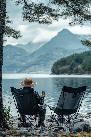 Product photography, three-dimensional design style. A man wearing a Chinese-style hat is sitting under it, holding his phone to take photos. He is dressed as an outdoor fisherman. Two black camping chairs are placed next to him. The background features clear lake water, distant mountains, and cloudy sky. It has a strong sense of space, high-definition images, and high-quality details.   --s 250