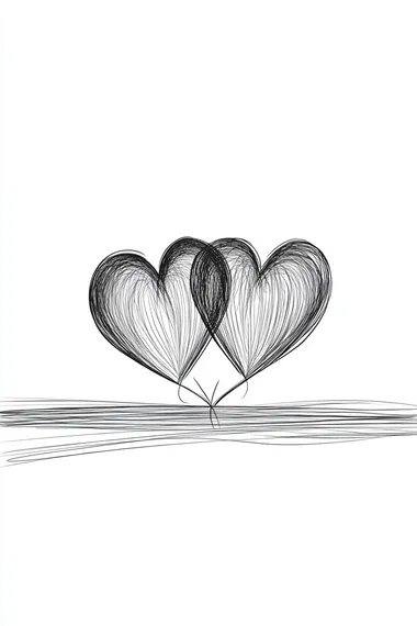 two hearts together, black and white, line art, minimalist style, very simple illustration