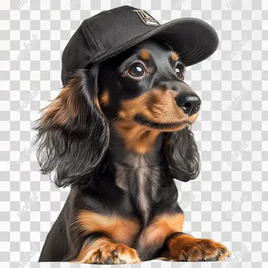 A cute, long-haired dachshund puppy against a solid white background, full-body shot, high-definition photography. Wear a baseball cap