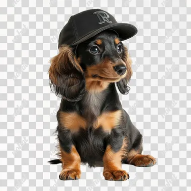 A cute, long-haired dachshund puppy against a solid white background, full-body shot, high-definition photography. Wear a baseball cap