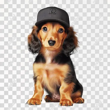 A cute, long-haired dachshund puppy against a solid white background, full-body shot, high-definition photography. Wear a baseball cap