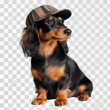 A cute, long-haired dachshund puppy against a solid white background, full-body shot, high-definition photography. Wear a baseball cap