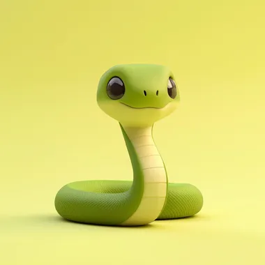 Cute cartoon snake, against a solid color background in a yellow-green gradient, in a minimalist style with a simple chibi design, resembling a cute clay animation, with soft lighting and vibrant colors, in high definition, 3D rendering