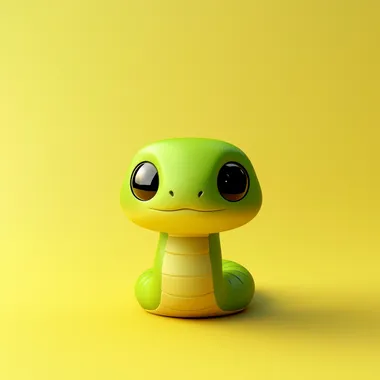 Cute cartoon snake, against a solid color background in a yellow-green gradient, in a minimalist style with a simple chibi design, resembling a cute clay animation, with soft lighting and vibrant colors, in high definition, 3D rendering