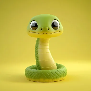 Cute cartoon snake, against a solid color background in a yellow-green gradient, in a minimalist style with a simple chibi design, resembling a cute clay animation, with soft lighting and vibrant colors, in high definition, 3D rendering