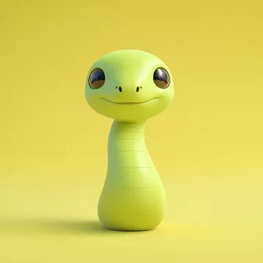 Cute cartoon snake, against a solid color background in a yellow-green gradient, in a minimalist style with a simple chibi design, resembling a cute clay animation, with soft lighting and vibrant colors, in high definition, 3D rendering
