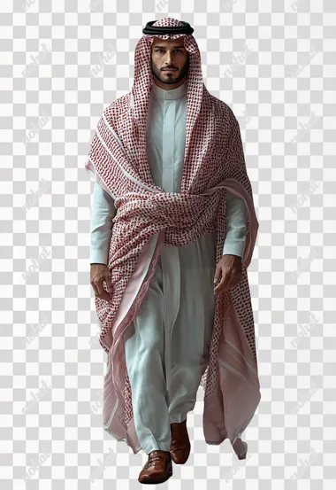 Full Length Shot,unreal engine,A handsome saudi arabia man,wearing a traditional white cloth and pink ghutrah,wearing leather shoes,in the Unreal Engine rendering style,anatomically correct::2    --s 750