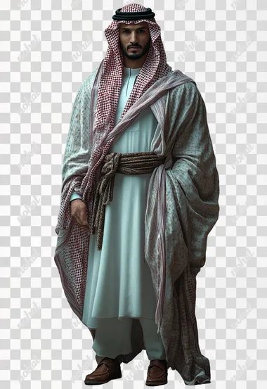 Full Length Shot,unreal engine,A handsome saudi arabia man,wearing a traditional white cloth and pink ghutrah,wearing leather shoes,in the Unreal Engine rendering style,anatomically correct::2    --s 750