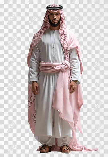 Full Length Shot,unreal engine,A handsome saudi arabia man,wearing a traditional white cloth and pink ghutrah,wearing leather shoes,in the Unreal Engine rendering style,anatomically correct::2    --s 750