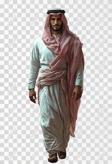 Full Length Shot,unreal engine,A handsome saudi arabia man,wearing a traditional white cloth and pink ghutrah,wearing leather shoes,in the Unreal Engine rendering style,anatomically correct::2    --s 750