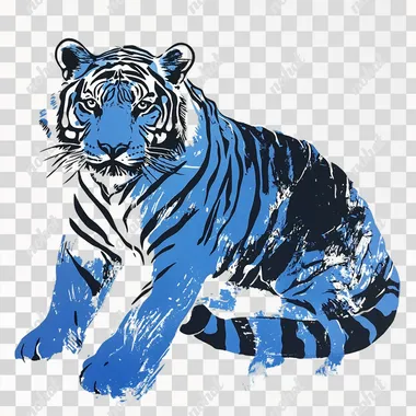 printed risograph of a tiger full body blue and black thick strokes white background vintage detailed --s 5