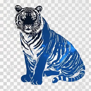 printed risograph of a tiger full body blue and black thick strokes white background vintage detailed --s 5
