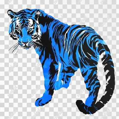 printed risograph of a tiger full body blue and black thick strokes white background vintage detailed --s 5