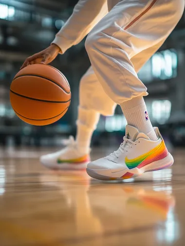 A close-up of an Asian youth playing basketball on an indoor basketball court, wearing white colored Nike sneakers with rainbow colors on their feet, holding an orange basketball in one hand, dribbling on the court. This scene captures his skillful control of his hands during the competition, creating a dynamic visual composition that highlights the energy and movement associated with motion photography. Take photos in natural light using the Sony A7R IV camera.