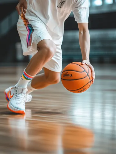 A close-up of an Asian youth playing basketball on an indoor basketball court, wearing white colored Nike sneakers with rainbow colors on their feet, holding an orange basketball in one hand, dribbling on the court. This scene captures his skillful control of his hands during the competition, creating a dynamic visual composition that highlights the energy and movement associated with motion photography. Take photos in natural light using the Sony A7R IV camera.
