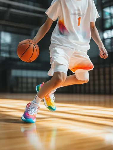 A close-up of an Asian youth playing basketball on an indoor basketball court, wearing white colored Nike sneakers with rainbow colors on their feet, holding an orange basketball in one hand, dribbling on the court. This scene captures his skillful control of his hands during the competition, creating a dynamic visual composition that highlights the energy and movement associated with motion photography. Take photos in natural light using the Sony A7R IV camera.