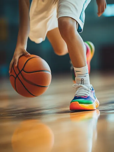A close-up of an Asian youth playing basketball on an indoor basketball court, wearing white colored Nike sneakers with rainbow colors on their feet, holding an orange basketball in one hand, dribbling on the court. This scene captures his skillful control of his hands during the competition, creating a dynamic visual composition that highlights the energy and movement associated with motion photography. Take photos in natural light using the Sony A7R IV camera.