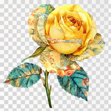 watercolour collage Toile de jouy themed rose, vibrant yellow, gradient, clipart, 4K, isolated on white background