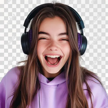 a very , very pretty 18 years old woman looking at the camera and laughing, has headphones on listening excited music , full head , colorful , high quality , real 4K picture , detailed, white background