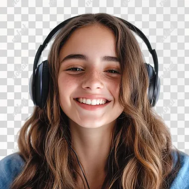 a very , very pretty 18 years old woman looking at the camera and laughing, has headphones on listening excited music , full head , colorful , high quality , real 4K picture , detailed, white background