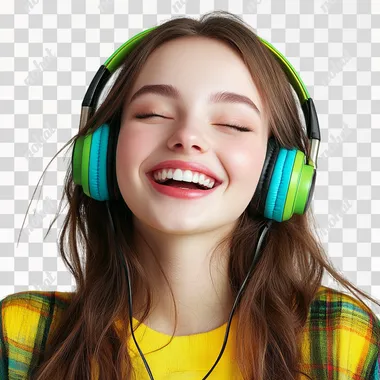 a very , very pretty 18 years old woman looking at the camera and laughing, has headphones on listening excited music , full head , colorful , high quality , real 4K picture , detailed, white background