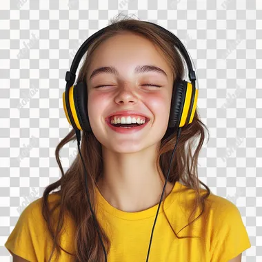 a very , very pretty 18 years old woman looking at the camera and laughing, has headphones on listening excited music , full head , colorful , high quality , real 4K picture , detailed, white background