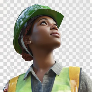 A photo realistic, realistic high-detail render of an african female manufacturing engineer with a green safety helmet and yellow safety vest looking up to the sky. An engineer An epic future-looking feel. Exposure 6.8. A white background. Shot using a Sony Alpha A7 III with a Zeiss 55mm f/1.8 lens, the camera settings are f/2.8, ISO 2000