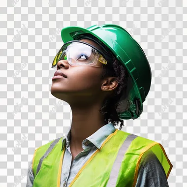 A photo realistic, realistic high-detail render of an african female manufacturing engineer with a green safety helmet and yellow safety vest looking up to the sky. An engineer An epic future-looking feel. Exposure 6.8. A white background. Shot using a Sony Alpha A7 III with a Zeiss 55mm f/1.8 lens, the camera settings are f/2.8, ISO 2000